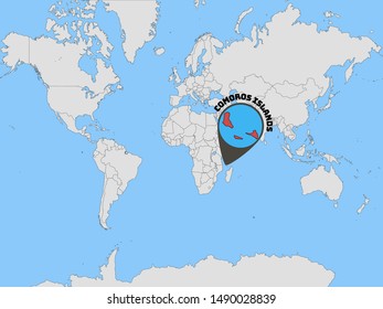 Global world map with geolocation and contour of country Comoros Islands . original colors and proportion. Simply vector illustration, from countries flag set.