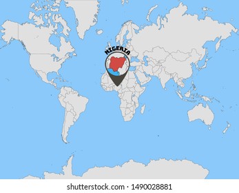 Global world map with geolocation and contour of country Federal Republic of Nigeria. original colors and proportion. Simply vector illustration eps10, from countries flag set.