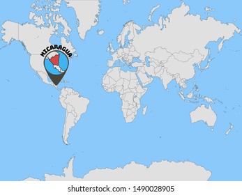 Global world map with geolocation and contour of country Republic of Nicaragua . original colors and proportion. Simply vector illustration eps10, from countries flag set.