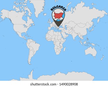 Global world map with geolocation and contour of country Republic of Bulgaria. original colors and proportion. Simply vector illustration, from countries flag set.