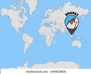 Global world map with geolocation and contour of country Nation of Brunei, the Abode of Peace . original colors and proportion. Simply vector illustration, from countries flag set.