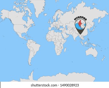 Global world map with geolocation and contour of country Republic of the Union of Myanmar. original colors and proportion. Simply vector illustration eps10, from countries flag set.