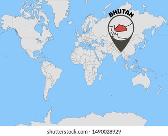 Global world map with geolocation and contour of country Kingdom of Bhutan . original colors and proportion. Simply vector illustration, from countries flag set.