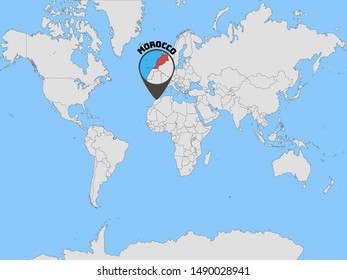 Global world map with geolocation and contour of country Kingdom of Morocco. original colors and proportion. Simply vector illustration eps10, from countries flag set.