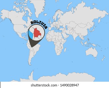 Global world map with geolocation and contour of country Plurinational State of Bolivia . original colors and proportion. Simply vector illustration, from countries flag set.