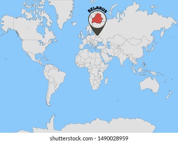 Global world map with geolocation and contour of country Republic of Belarus. original colors and proportion. Simply vector illustration, from countries flag set.