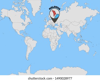 Global world map with geolocation and contour of country Republic of Moldova. original colors and proportion. Simply vector illustration eps10, from countries flag set.