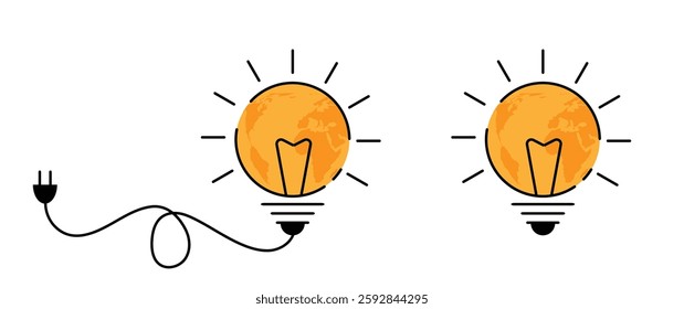 Global World Map Light Bulb Isolated on White. Electricity and energy consumption, bright idea generation vector art
