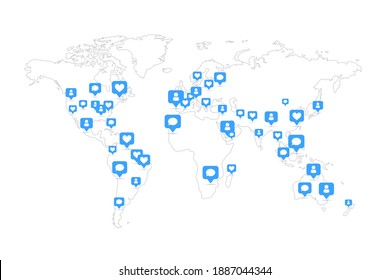 Mapa mundial con muchos "me gusta" sociales y comentarios iconos azules sobre fondo blanco
