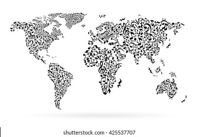 Global World map made from music notes isolated on white background. Listen music vector illustration concept. Idea for poster.