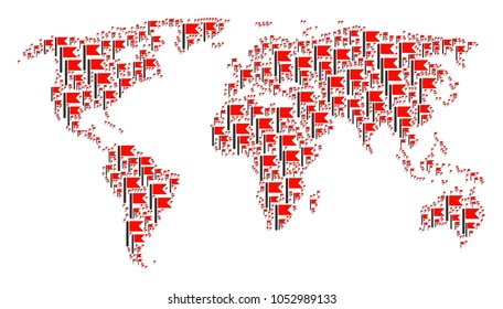 Global world map mosaic combined of flag pictograms. Vector flag pictograms are organized into mosaic continent illustration.