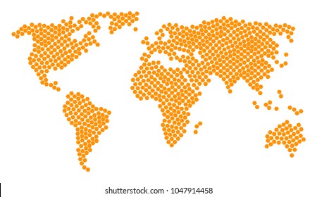 Global world map mosaic created of filled hexagon icons. Vector filled hexagon items are composed into geometric continental pattern.
