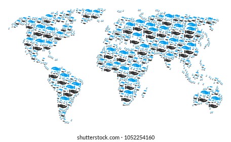 Global world map mosaic created of care hands pictograms. Vector care hands items are combined into mosaic geographic pattern.