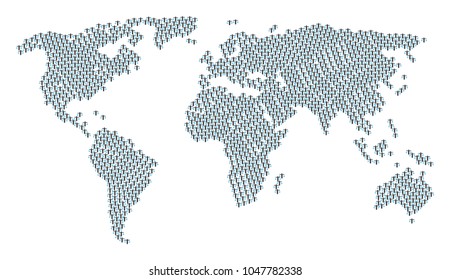 Global world map pattern done of weight comparing person elements. Vector weight comparing person items are organized into geometric earth plan.