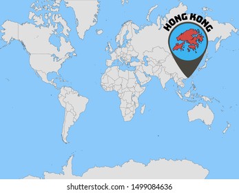 Global world map silhouette with geolocation and contour of asian chinese country Hong Kong. original colors and proportion. All countries silhouette. Beauty vector illustration, from countries set.
