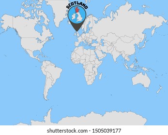 Global world map silhouette with geolocation and contour of  Scotland part of United Kingdom. original colors and proportion. All countries silhouette. Beauty vector illustration, from countries set.