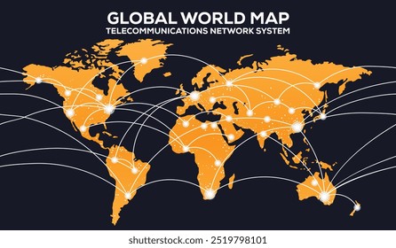 Global World Map Telecommunications Network System, isolated on white background. Infographic, Flat Earth, Globe similar icon. annual report, Travel worldwide, map silhouette backdrop.