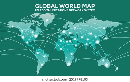 Global World Map Telecommunications Network System, isolado no fundo branco. Infográfico, Plana Terra, Globo ícone semelhante. relatório anual, Viajar pelo mundo, mapa silhueta fundo.