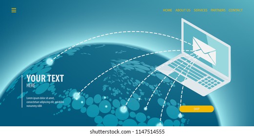 Global world map user laptop connect. Data connection isometric technology. Digital vector illustration. Site page template.