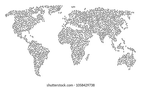 Global world mosaic map combined of arrow direction items. Vector arrow direction scatter flat icons are organized into conceptual worldwide plan.