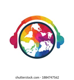 Global World Music Logo Design. Earth with headphones vector design.