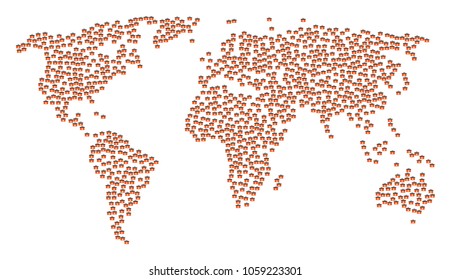 Global world pattern map combined of first aid toolbox icons. Vector first aid toolbox scatter flat elements are combined into mosaic world illustration.