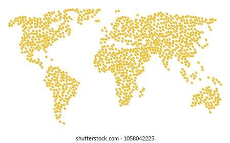 Global world pattern map organized of wheat seed design elements. Vector wheat seed scattered flat elements are organized into geometric continent scheme.