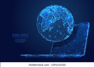 Global World. Planet Earth concept on laptop screen. Vector low poly wireframe in the form of starry sky, consisting of points, lines, and shapes in the form of stars. Vector networking concept. 