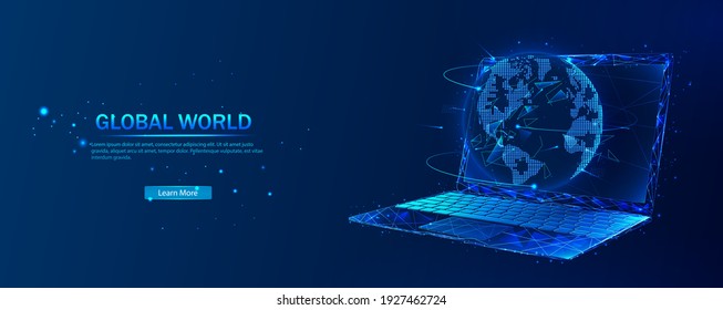 Global World. Planet Earth concept on laptop screen. Vector low poly wireframe in the form of starry sky, consisting of points, lines, and shapes in the form of stars. Vector networking concept.