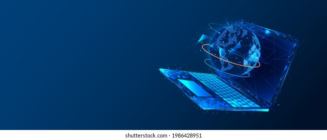 Global World. Planet Earth concept on laptop screen. Vector low poly wireframe in the form of starry sky, consisting of points, lines, and shapes in the form of stars. Vector networking concept.