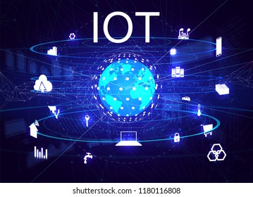 Global world telecommunication network connected around planet Earth, internet of things (IOT), devices and connectivity concepts on a network. Vector illustration IOT