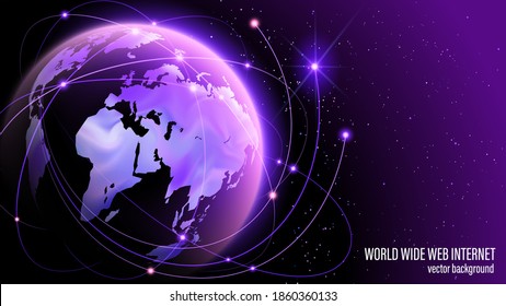 Global World Wide Web Internet. Technologies And Communications. Launch Of The Launch Vehicle From The Spaceport. Satellites And Rockets In Orbit Of Planet Earth. Map Of The Planet. World Map. Vector.