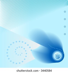 Global worlds float, spiral and flow in a blue globe abstract background.