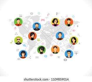 Global worldwide communication concept illustration  for multicultural social networking. Set icons with world map.