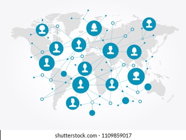 Global worldwide communication concept illustration  for multicultural social networking. Set icons with world map.