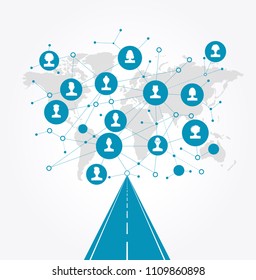 Global worldwide communication concept illustration  for multicultural social networking. Set icons with world map and road.