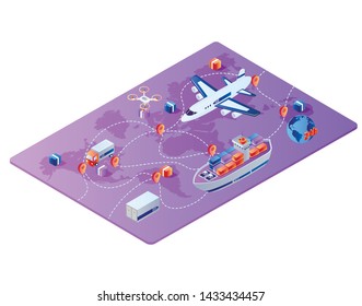 Global Worldwide Logistics, Cargo Export, Import. Integrated Warehousing and Transportation Operation Service. Shipping Business, Air Road Maritime Transport Delivery, Isometric 3d Vector Illustration