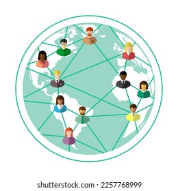 Concepto de red mundial y mundial. Personas étnicamente diversas que trabajan en redes alrededor del mundo, conectadas por líneas. Planeta Tierra, diversidad étnica.