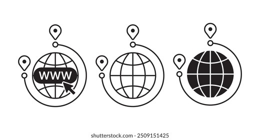 Global WWW and Worldwide Icon Set: Internet Navigation Symbols, Remote Control Icons, Search Bar Designs, and Delivery Logistics. Vector.