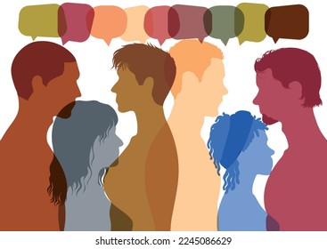 Globalización y diversidad. Una población multiétnica que comunica y comparte ideas. Desorganización y confusión. Vector. Las personas de diversos orígenes están coloreadas por la inmigración y las multitudes