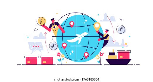 Globalisation Flat Vector Illustration, People Around The Globe Connection Concept. Commercial Cargo Transportation And International Business Network Relationships. World Wide Web Internet Technology
