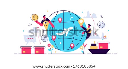 Globalisation flat vector illustration, people around the globe connection concept. Commercial cargo transportation and international business network relationships. World wide web internet technology