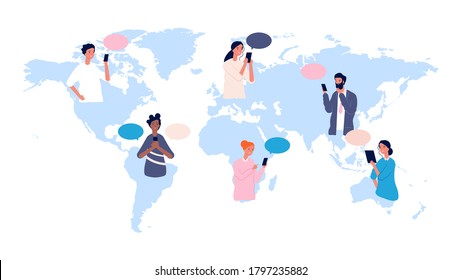 Globalisation. People avatars on world map. International communication, online friendship. Multicultural woman man from different countries together vector illustration