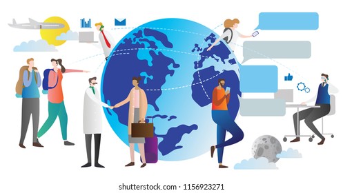 Globalisation vector illustration. Scheme how world connection works. People talking and chatting all around the globe. Day and night web links and social relations. Technology and internet community.