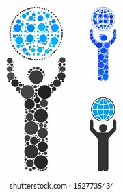 Globalist composition of round dots in various sizes and color tints, based on globalist icon. Vector round dots are combined into blue mosaic. Dotted globalist icon in usual and blue versions.
