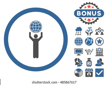 Globalist icon with bonus design elements. Vector illustration style is flat iconic bicolor symbols, cobalt and gray colors, white background.