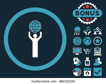 Globalist icon with bonus design elements. Vector illustration style is flat iconic bicolor symbols, blue and white colors, dark blue background.