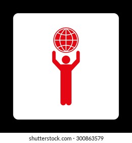 Globalist icon. Vector style is red and white colors, flat rounded square button on a black background.