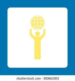 Globalist icon. Vector style is yellow and white colors, flat rounded square button on a blue background.