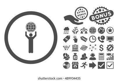 Globalist pictograph with bonus pictures. Vector illustration style is flat iconic symbols, gray color, white background.